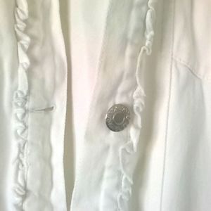 Dress Barn Women's White Denim Jacket. Three quarter sleeves and ruffle trim.